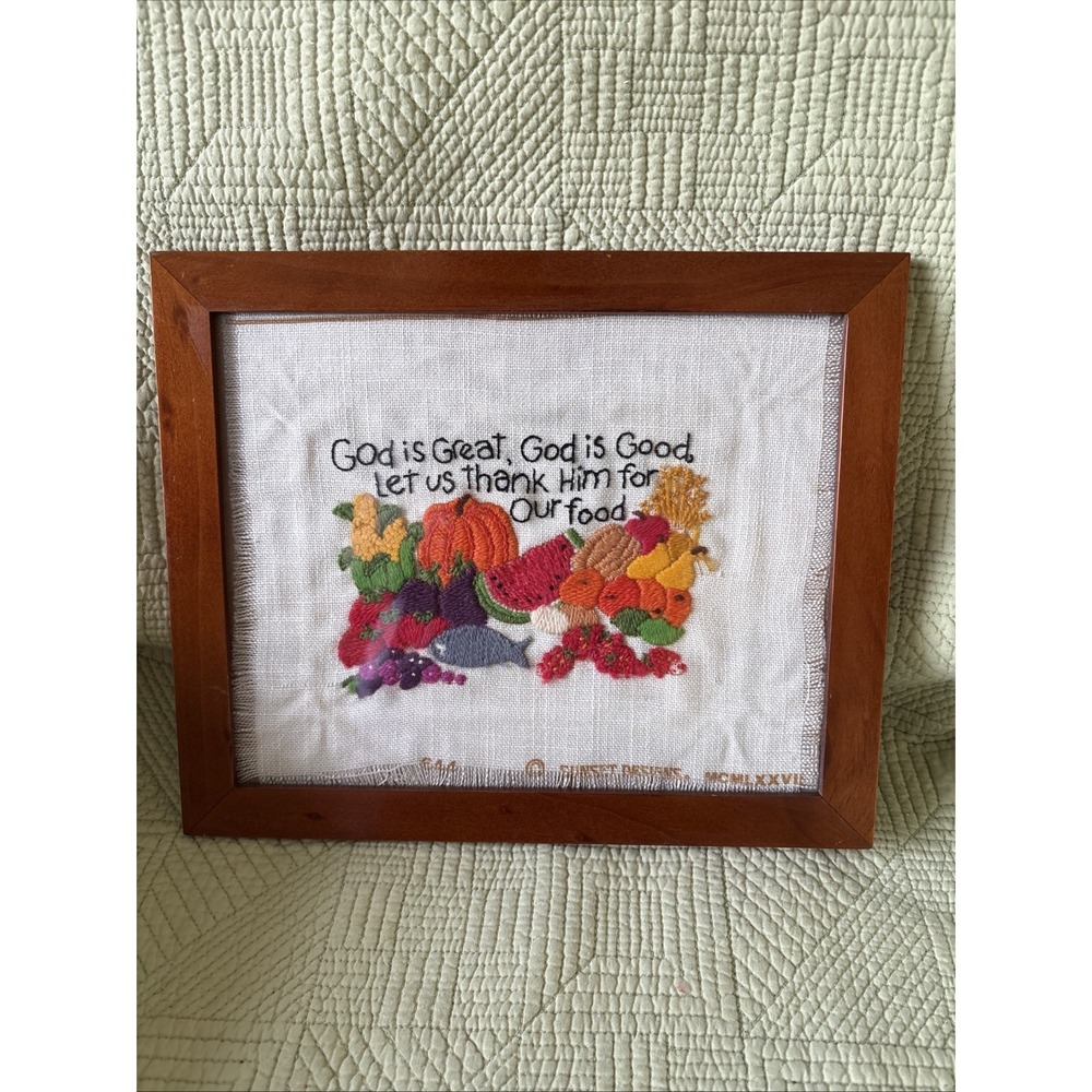 Vintage CrewelEmbroidery Kitchen Prayer God Is Great Framed Cottagecore Art 8x11